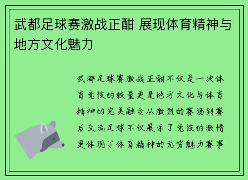 武都足球赛激战正酣 展现体育精神与地方文化魅力